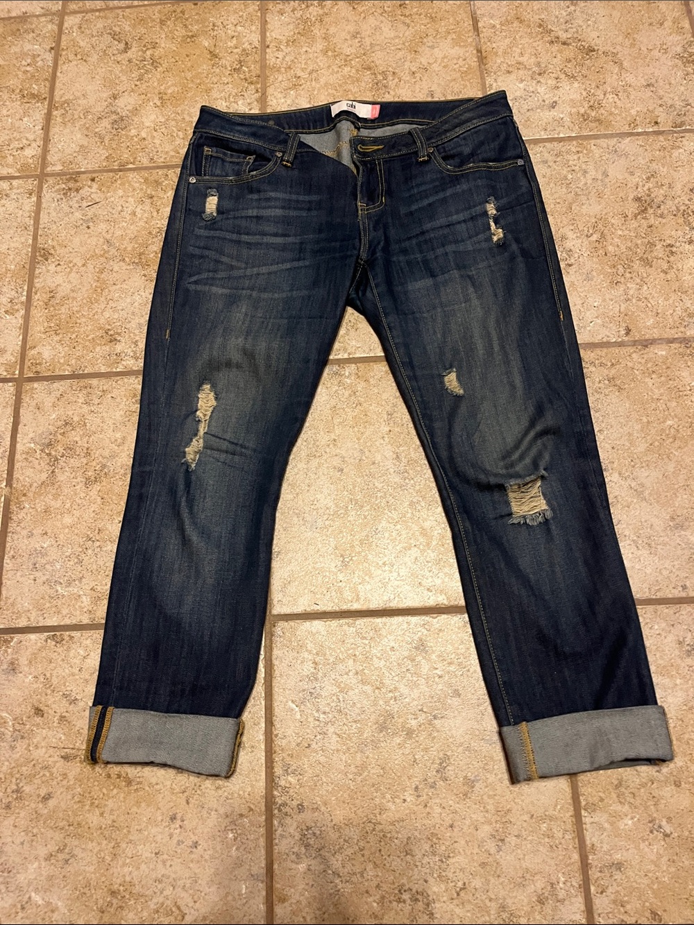 CAbi Slim Boyfriend Jeans in a medium wash, featuring cuffed hems Size 4Cute!